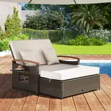 GIANTEX Rattan Lounge Möbel Outdoor, Gartenlounge 2 Sitzer mit Liegefunktion, Balkon Lounge Set Gartensofa mit Hocker, Doppelliege 2 Personen, Garten Lounge Platzsparend mit Stauraum, Outdoor Sofa