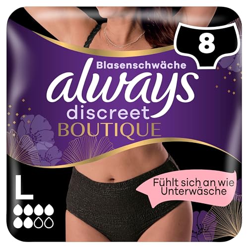 Always Discreet Boutique Inkontinenz Pants Gr. L (8 Höschen) Bei Blasenschwäche, Absorbieren Gerüche Und Feuchtigkeit, Verhindern Auslaufen, Schwarz