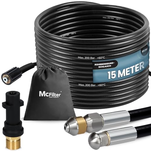 McFilter | Universal Rohrreinigungsschlauch Set, 15m, 200 bar, inkl. Tasche mit Adapter, Düsen starr + rotierend, kompatibel mit Kärcher K2 K3 K4 K5 K6 K7 Hochdruckreiniger