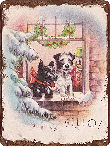 Dreacoss Blechschild mit Hunde-Terrier-Motiv, Weihnachtsmotiv, für Zuhause, Büro, Schlafzimmer, Wohnzimmer, Café, Bar, Club, Kneipe, Dekoration, 20,3 x 14,9 cm