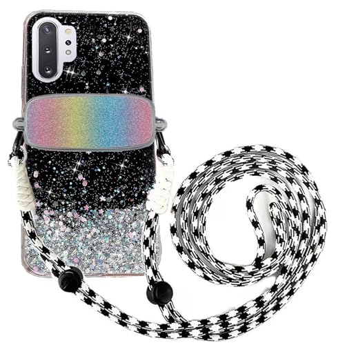 Tivenfezk Nadoli für Samsung Galaxy Note 10 Plus Glitzer Handykette Hülle,Silikon Bling Durchsichtig Crossbody Tasche zum Umhängen Schutzhülle mit Telefon Clip Halter Band