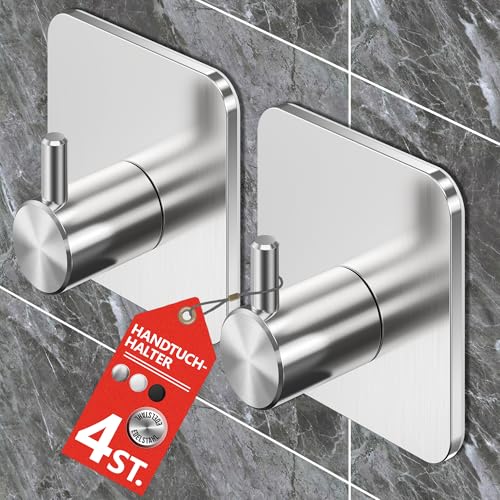 Menz Klebehaken in Silber, 4er-Set – Edelstahl Wandhaken selbstklebend mit wasserfesten Klebepads, Haken selbstklebend für Bad, Küche, Badezimmer Handtuchhalter