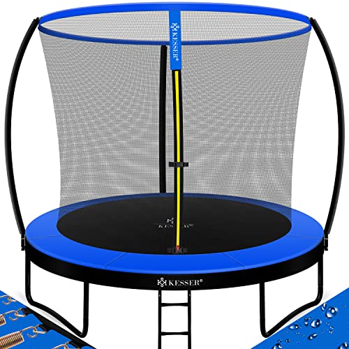 KESSER® Trampolin Ø 244 cm | TÜV Rheinland GS Zertifiziert | Gartentrampolin für Kinder bis 150 kg | Komplettset mit Sicherheitsnetz, Leiter, Randabdeckung und Zubehör