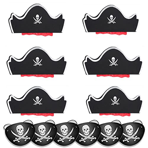 12 Stück Piraten Zubehör Set 6 pcs Piratenhut Kinder 6 pcs Augenklappe Pirat Filz Augenmaske Schädel Piraten Hut Accessoires für Kindergeburtstag Halloween Maskerade Piratenparty