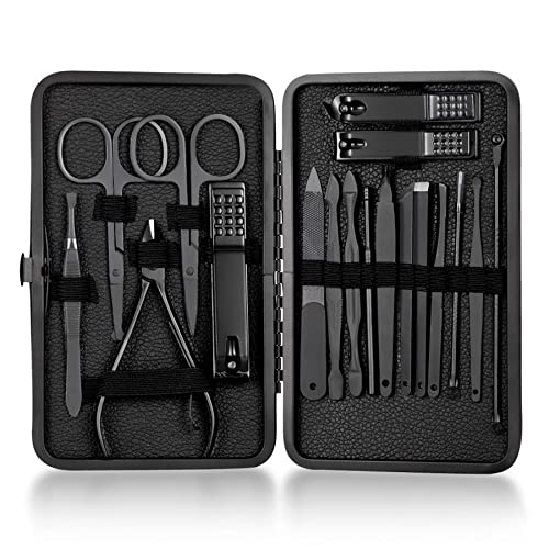 Maniküre Set,18 Teiliges Nagelset Männer,Nagelschere Set,Nagelpflegeset Nageletui Herren Nagelknipser Edelstahl Tragbarer Pflege Werkzeuge aus Schwarzem Leder für Reise