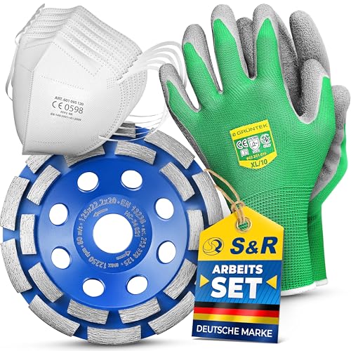 S&R Diamantschleiftopf Set 3-tlg, 1 Schleiftopf, 1 Paar Arbeitshandschuhe, 5 Staubschutzmasken, 125 x 22,23 mm für Beton, Granit, Naturstein, Stein, Mauerwerk, 2-reihig, für Winkelschleifer