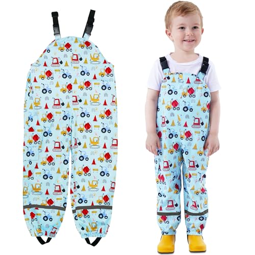 JinBei Kinder Regenhose wasserdichte Jungen Winddicht Matschhose Hellblau Engineering Fahrzeuge Muster Verstellbaren Riemen Leicht mit Reflektierenden Streifen Tasche Kleinkind Hosen, GR.86-92