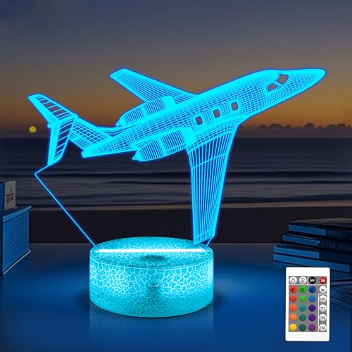 OkiyiD Flugzeug Geschenke für Mädchen, Air Craft 3D Illusionslampe, Flugzeug Nachtlicht mit Fernbedienung + Touch 16 Farbwechsel + Timer Schreibtischlampen für Mädchen Zimmerdekor (Flugzeug)
