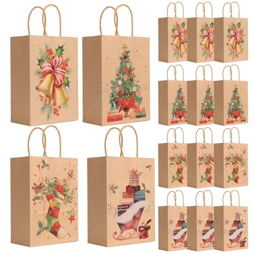 12 Stück Weihnachts Kraft Geschenktaschen, Weihnachtspapiertüten mit Griffen, Weihnachtstüten mit 4 Mustern, Weihnachten Geschenktüten für Einpacken von Geschenken, Weihnachtsfeiern (21 x 15 x 8 CM)