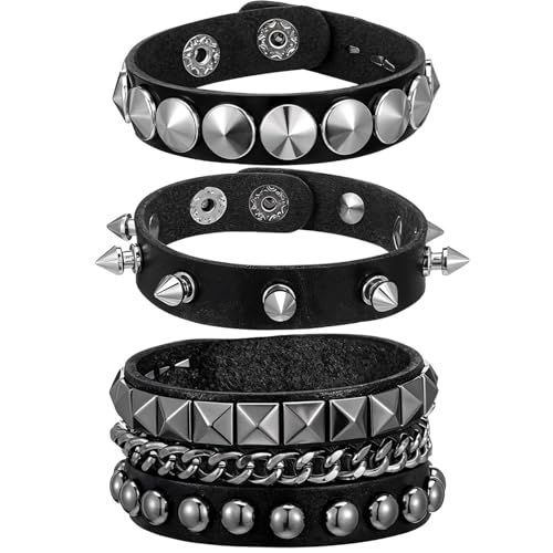 ClcIosis 3 Stück Punk Rock Lederarmband, Punk Accessoires Emo Accessoires, Schwarz Verstellbar mit Spitzem Leder und Nieten, 80er Jahre Goth Manschette Armband für Männer und Frauen