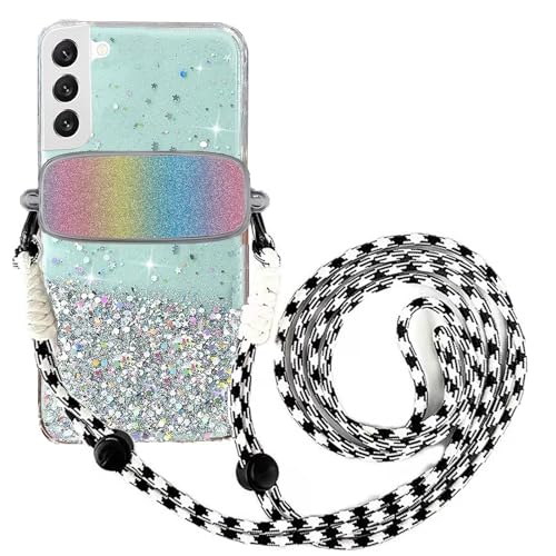 Tivenfezk Nadoli für Samsung Galaxy S22 Plus Glitzer Handykette Hülle,Silikon Bling Durchsichtig Crossbody Tasche zum Umhängen Schutzhülle mit Telefon Clip Halter Band