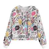 YEBIRAL Damen Kapuzenpullover, Teenager Mädchen Langarm Sweatshirt Hoodie Bauchfrei Pullover Graffiti Druck Top Langarmshirt Bluse(L,Weiß)