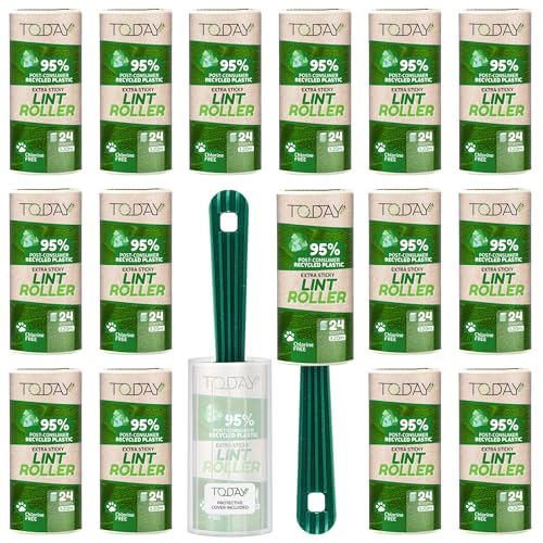 Today Eco - Fusselrolle 16 Rollen + Deckel + 2 Abroller 95% recyceltes Material - Fusselrolle Tierhaare Easy-Peel - Geeignet für Haare, Staub, Kleidung, Tierhare