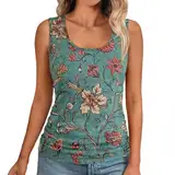 Sommer Oberteile Damen Bedruckt Rundhals Ärmellos Tshirt Oberteile Lockere Passform Trägershirt Elegant Boho Tops Lässige Tunika Blusentop Basic Strand Shirt Streetwear (Dark Green,XL)