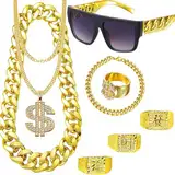 8 Stück Zuhälter Kostüm Goldkette Fasching, Hip Hop Rapper Kostüm, 80er/90er Jahre Outfit Herren, Dollar Kette/Große Goldene Kette/Dollar Ring/Goldenes Armband für Karneval Fasching Mottoparty