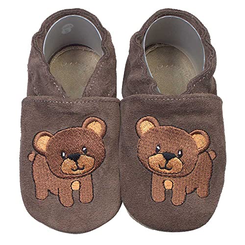 HOBEA-Germany Krabbelschuhe für Jungs und Mädchen in verschiedenen Designs, Kinderhausschuhe Jungen, Lederschuhe, Schuhgröße:20/21, Modell Schuhe: Bär Dunkelbraun