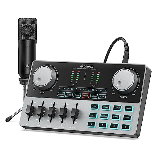 Donner Podcast-Studio-Ausrüstung, Audio Interface mit DJ Mixer und Soundkarte, ALL-IN-ONE Podcast-Produktionsstudio mit Kondensatormikrofon für Live-Streaming, Aufnahme, Recording, Gaming, YouTube