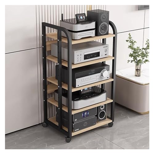 WJFTODAY Racks Boden-Stereo-Racks und Ständer auf Rädern - 79/100 cm hoch, Heim-Stereo-RKomponentensystem-Halter für Audio-Video-Geräte mit höhenverstellbarem Holzregal, Metallrahmen (Farbe: Schwarz