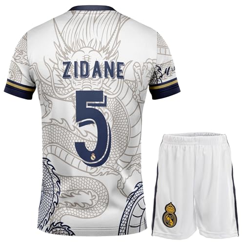 NIHMEX Madrid Legende Zidane #5 Retro Weißer Drache Limitierte Sonderedition Seltenes Fußball Kinder Trikot Shorts Set Jugendgrößen (Weiß,140)