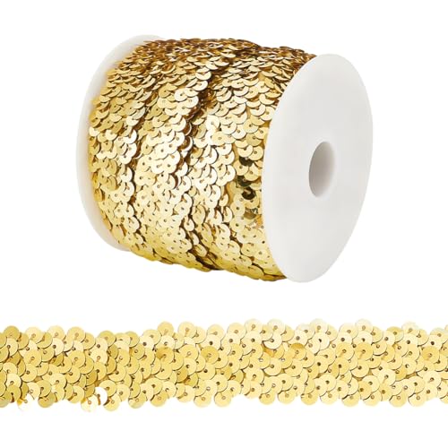 OLYCRAFT 10M Paillettenbesatz Applikation Paillettenband Stretch Paillettenbesatz 3-Reihiger Paillettenbandbesatz Glitter Stretch Bling Paillette Ribbon Für Kleiderverzierung Und Stirnband - Gold