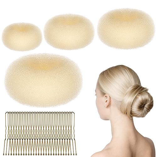 URAQT Donut Hair Bun Set, 4PC Dutt Maker, Duttkissen Groß und klein mit 30 U-Form Haarspange,Donut Haark Hochsteckfrisuren Zubehör für Frisur Tänzer Kinder Mädchen Frauen (4er-Beige (6+8+10+12))