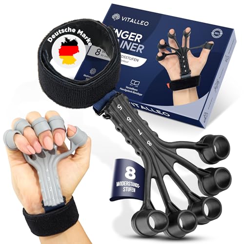 VITALLEO Handtrainer Set - Steigerung der Griffkraft - 8 Widerstandsstufen, Unterarmtrainer - Rehabilitation und Prävention - Qualitäts Fingertrainer