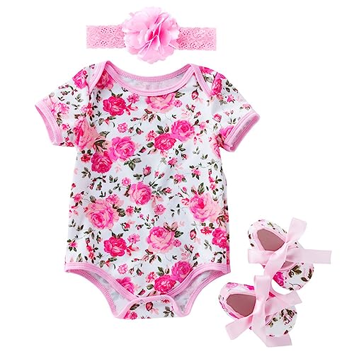 Generisch Balletttrikot Neugeborenen Baby Mädchen Strampler Kurzarm Blumenmuster Strampler + Stirnband + Schuhe Außerhalb Body Strampler Overall Kleidung Body Schwarz Baby (B, 12-24 Months)