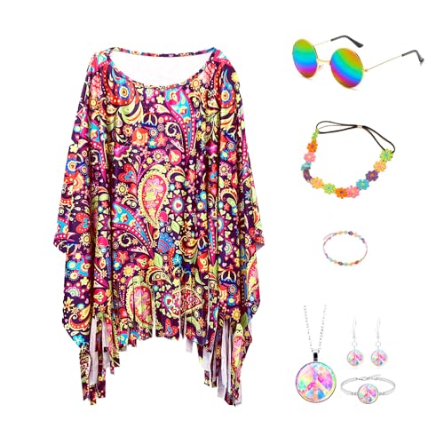 Hippie Kostüm Damen Set,7 Stück Damen Poncho Set,60 er 70er Jahre Hippie Kleidung,Hippie Kostüm Set,Faschingskostüm mit Poncho Halskette Ohrringe Sonnenbrillen,für Karneval Disco Party Cosplay