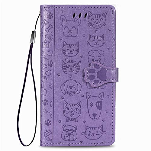 Rnrieyta Miagon PU Leder Brieftasche Hülle für Oppo A58 5G,Katze Hund Tier Prägung Design Flip Tasche Standfunktion Cover mit Karten Slot Magnetverschluss,Lila