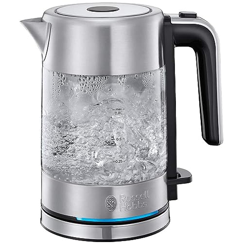 Russell Hobbs Wasserkocher Glas & Edelstahl klein [0,8l] Compact (2200W, blaue LED Beleuchtung, herausnehmbarer Kalkfilter, kleiner Reisewasserkocher) Teekocher 24190-70