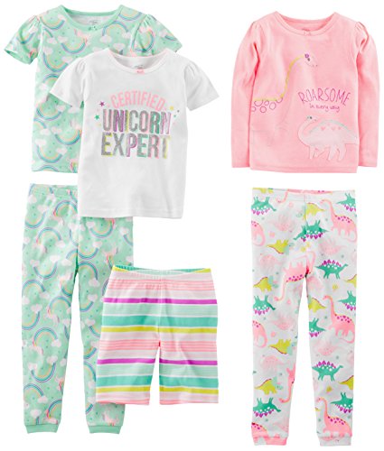 Simple Joys by Carter's Mädchen 6-Piece Snug Fit Cotton Pajama Pyjama-Set, Minzgrün Regenbogen/Rosa/Weiß Dinosaurier/Einhorn/Streifen, 4 Jahre (3er Pack)