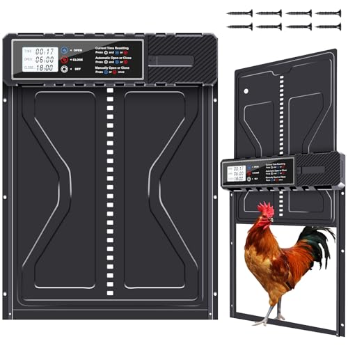 PlayDen Automatische Hühnerklappe, Aluminum Elektrische Hühnerklappe Batterie mit Wasserdicht Großes Display, Timer, Manuelle, Hühnerklappe Automatisch Hühnertür, Intelligenter Einklemmschutz