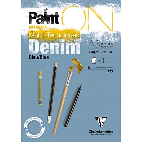 Clairefontaine 975702C - Malblock verleimt mit 15 Blatt Zeichenpapier PaintOn 29,7x42 cm 250g, Blau denim