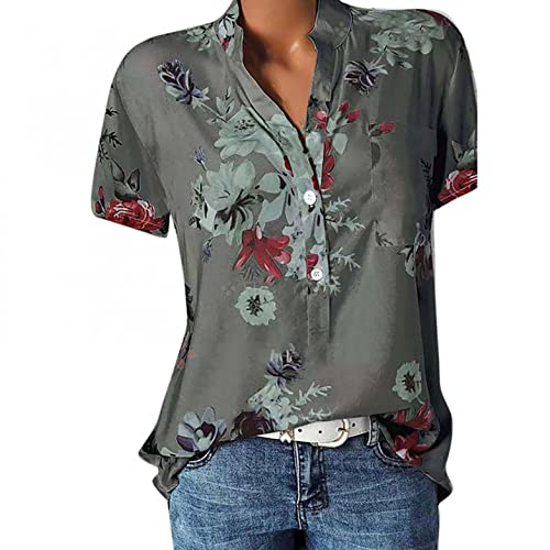 Blusen & Tuniken für Damen Bluse Kurzarm V-Ausschnitt Hemdbluse Sommer Shirt Blumen Knopfleiste Tunika Tops Oversize Locker Oberteil Longshirt Hemd (Grau, M)