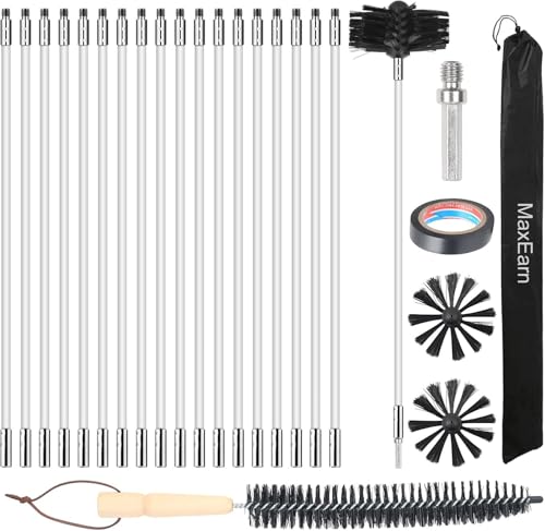 MaxEarn 24 STK Kaminbürste Stange Set mit 18 Flexible Stangen 410 mm+ 2 Bürstenköpfen 100mm + 1 Lange Holzbürste + Zubehör, Schornstein Reinigungsbürsten Kit für Kamin/Abwasserrohr/Trockner Vent