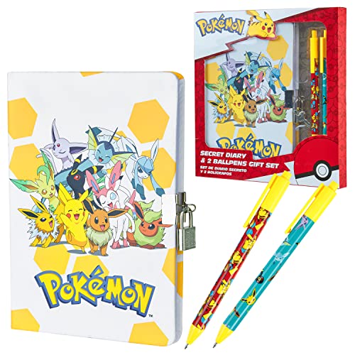 Pokemon Set Schulbedarf, Kinder Tagebuch mit Schloss, Notizbuch, Federmäppchen, Stifte - Geschenke für Jungs (Gelb Notizbuch Set)