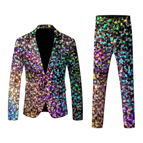 Qmfvqi Deals of The Day Herren 2-teilige Disco-Sets glänzende Jacke und Hose Metallic-Paillettenanzüge Herrenanzüge Disco-Anzug Glitzer Anzug Herren 2 Teilig Pailletten Anzug 2 Teilig Sets Disco