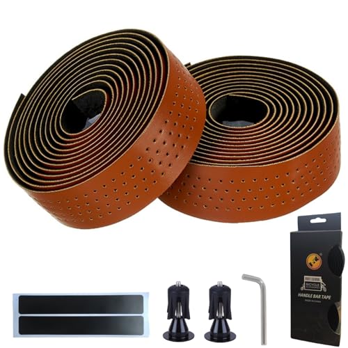 LEXICANMHS Cycling Fahrrad Lenkerband,Wasserfest Rutschfest und Stoßdämpfend mit Lederoptik für Rennrad und Urban Cycling,Inkl.Abklebeband und Aluminiumlegierung Fahrrad Lenkerstopfen,200 x 3 cm,Braun
