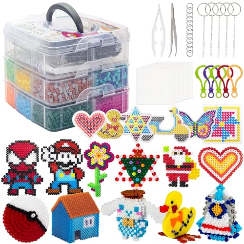 Sundaymot Bügelperlen Set, 10600 Stück Steckperlen mit Aufbewahrungsbox, Platten, Benutzerführung, DIY Gestalten von Schmuck, Deko, Verzierungen und 3d Kinder Geschenk Bastelideen（5mm）