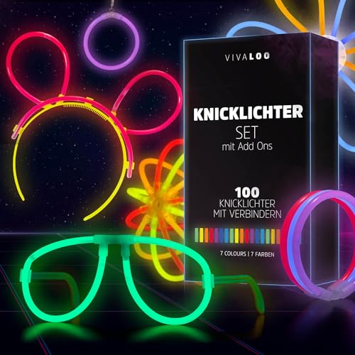 Vivaloo Knicklichter Party Set 100 Stück + Zubehör - Leuchtstäbe mit Verbinder für Leuchtarmbänder, Party Brillen, Bälle usw. - Party Deko & Festival Zubehör - Party Lichter Neon - Deko Party