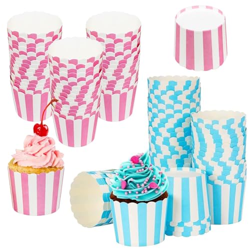 Cupcake Wrapper, Cupcake Formen Papier100 Stück, Rosa und Blau Muffin Papierförmchen, Muffin Backformen aus Stabilem Papier, für Halloween, Geburtstage, Hochzeiten, Partys (Streifen)