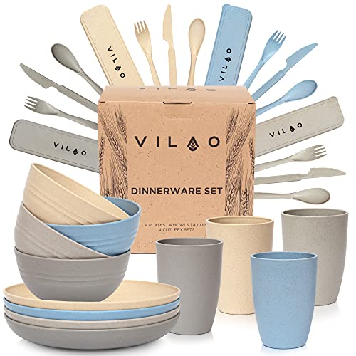 VILAO Geschirr-Set 4 Personen – Wiederverwendbar Recyclebar - Kunststoff Becher Teller Schüsseln Besteck - Picknick Camping Outdoor - Plastik Geschirrset, Campinggeschirr