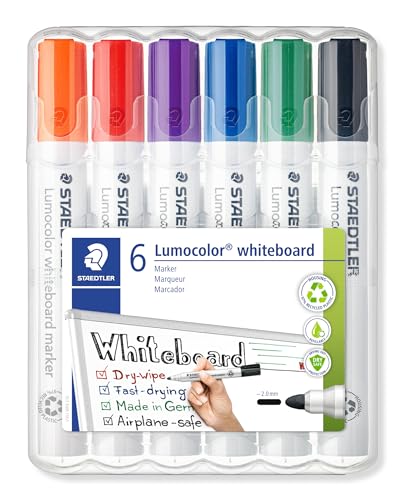 STAEDTLER Whiteboard Marker Lumocolor, trocken und rückstandsfrei abwischbar von Whiteboards, Rundspitze, ca. 2 mm Linienbreite, hohe Qualität, Set mit 6 Farben, 351 WP6