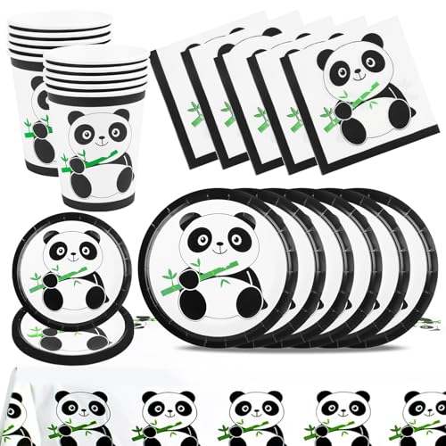 Panda Partygeschirr Set, Panda Geburtstag Party Dekoration, Panda Thema Geburtstagsdeko, Kindergeburtstag Geschirr Deko, Panda Teller, Tassen, Servietten, Tischtücher Party Supplies für 10 Gäste