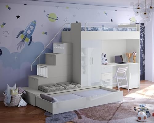 Hochbett mit Schreibtisch TOMI 5, Schrank, Treppe und Gästebett in Hochglanz (Cashmere + Weiß, Glanz, Ohne Matraze und Matrazenrahmen)