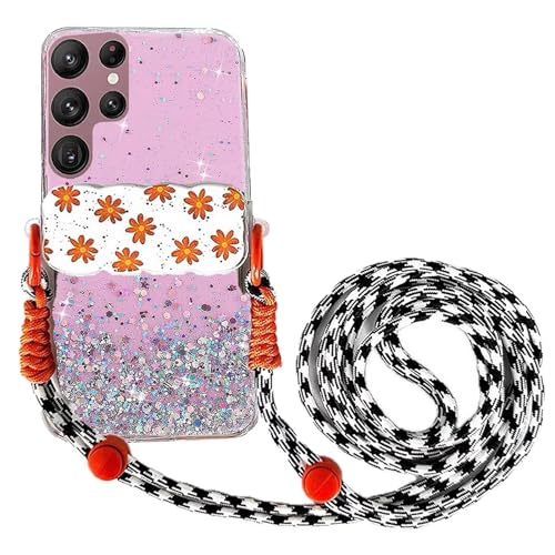 Rnrieyta Miagon Handykette Hüll für Samsung Galaxy S22 Ultra Glitzer Durchsichtig Case mit Universal Blume Telefon Clip Kordel zum Umhängen Handyanhänger Halsband Lanyard