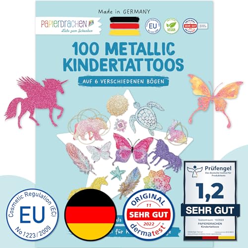 Papierdrachen 100 Metallic-Tattoos für Kinder - Hautfreundliche Kindertattoos Mandala - als Geburtstagsmitgebsel & Geschenkidee - für Jungen und Mädchen - in Deutschland hergestellt