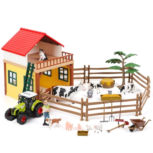 Hyrenee Bauernhof Tiere Figuren Spielzeug Playset- Tier Scheune Haus Spielzeug Set, Traktor, Bauer, Zaun, Geschenke für Mädchen Jungen Kleinkinder Kinder Alter für 3-7 Jahre alt