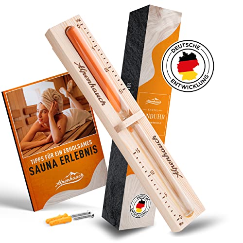 ALPENHAUCH Sauna Sanduhr 15 Minuten aus 100% Naturholz - Edle Saunauhr mit ultra feinem Sand - Robuste Sauna Uhr mit Sicherheitsglas - 360° Drehbare Sauna Uhr Holz - Inkl. Saunabuch + Montagezubehör