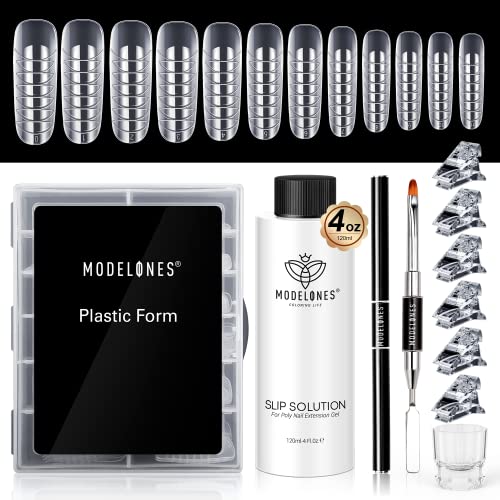 Modelones Slip Solution Nagelformen Set mit 120 Stück Nagelform 120ml Slip Solution 5pcs Nagel Clip Klammer Crystal Cup und Dual-Ended Nagel Pinsel fur Polygel Extension Künstliche Nageldesign